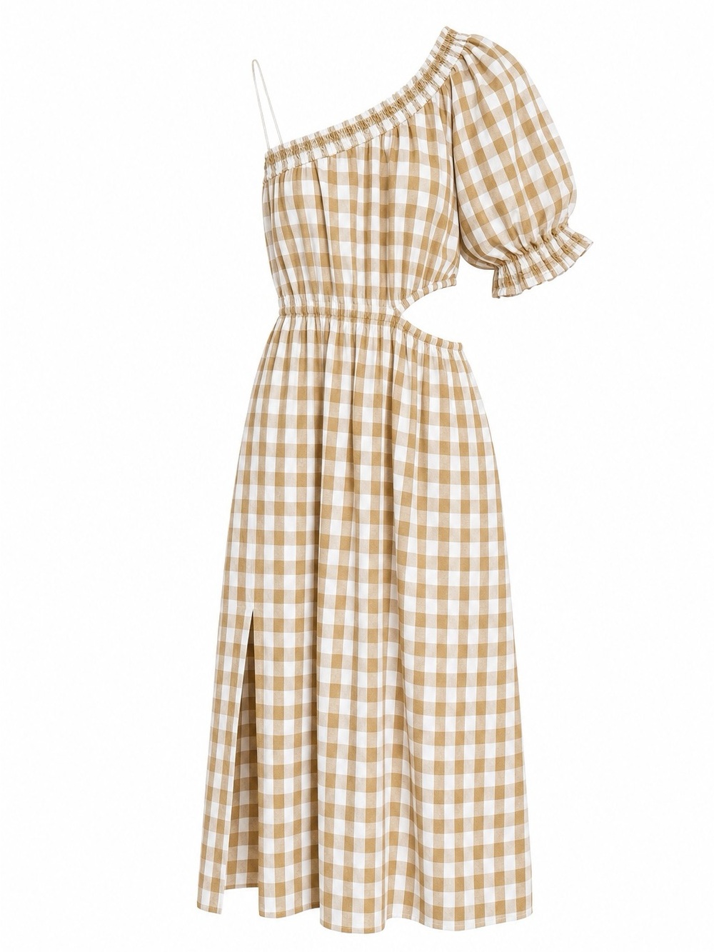 Who What Wear | One Sleeve Cutout Midi Gingham Dress